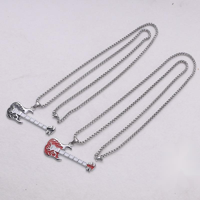 Hip Hop Musik Gitarre Halskette Straße Persönlichkeit Bounce Ti Stahl Pullover Kette Anhänger Schmuck Trend_voghion.com