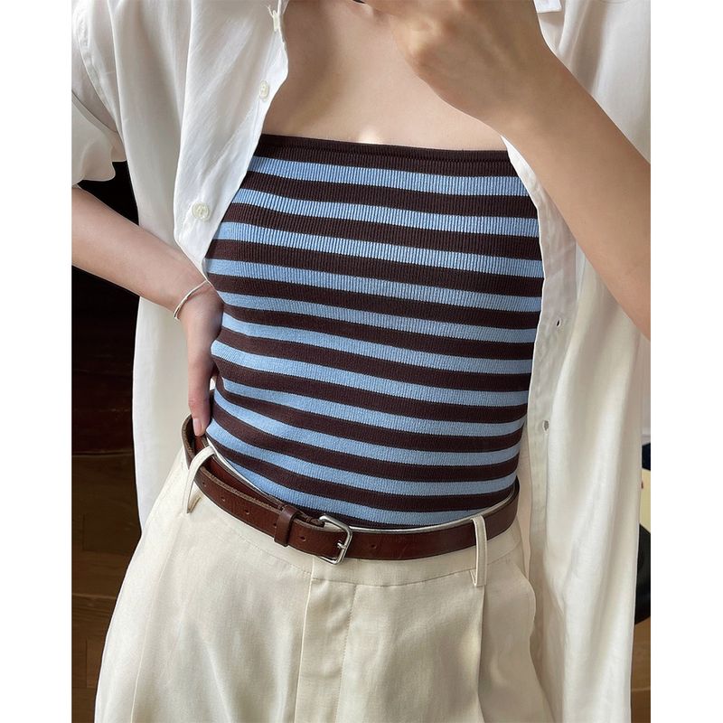 Sommer Neue Koreanische Stil Einfache Gestreifte Gestrickte Trägerlose Weste Slim Fit Basis Schicht Tube Top Für Frauen_voghion.com