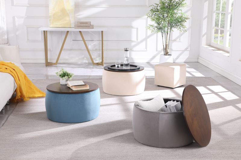Round Ottoman Set With Storage, 2 In 1 Combination, Round Coffee Table, Square Foot Rest Footstool For Living Room Bedroom Entryway Office_voghion.com