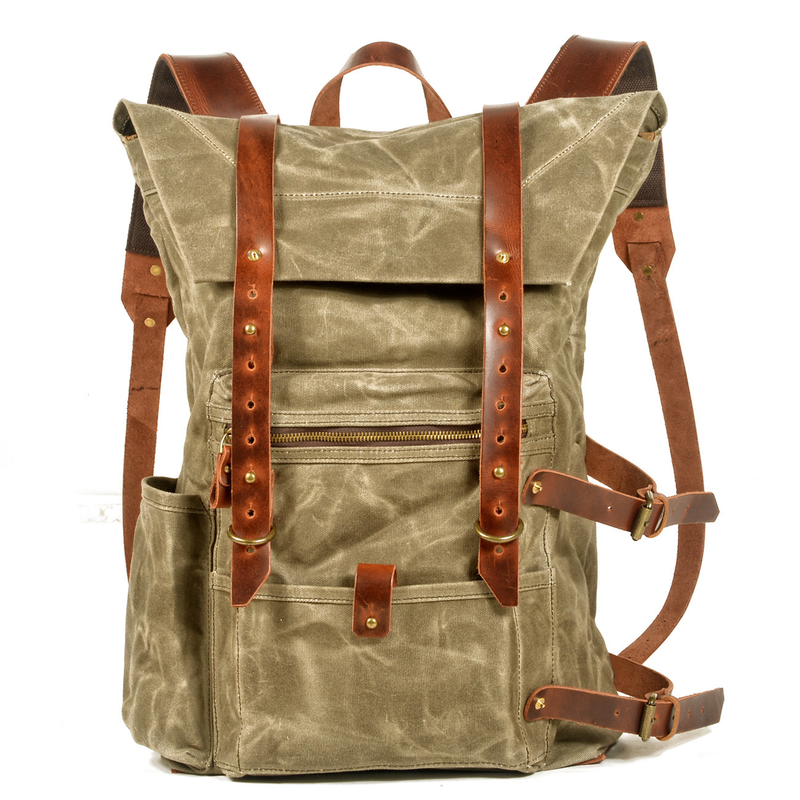 LazyZoom Handgefertigter, wasserdichter Rucksack aus gewachstem, gewaschenem Canvas, gespleißtes Echtleder, Doppelschulter, für Outdoor-Reisen und Wandern_voghion.com