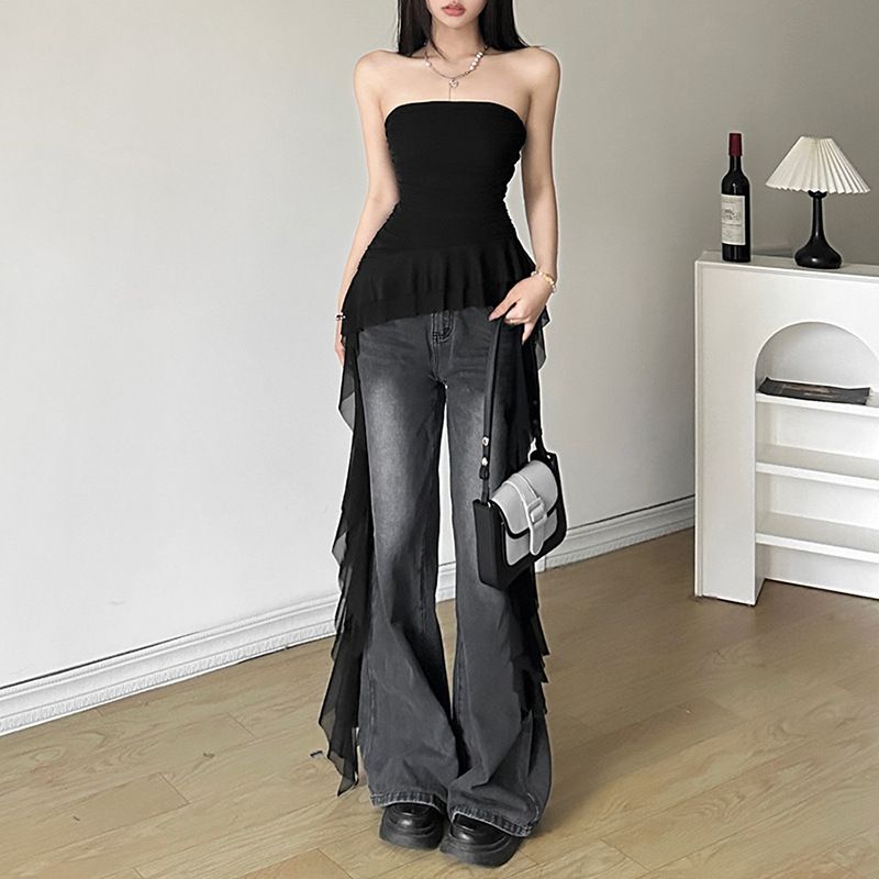 Spring New Women's Solid Color Slim Fit Street Fashion Off-Shoulder Sleeveless Ruched Top_voghion.com