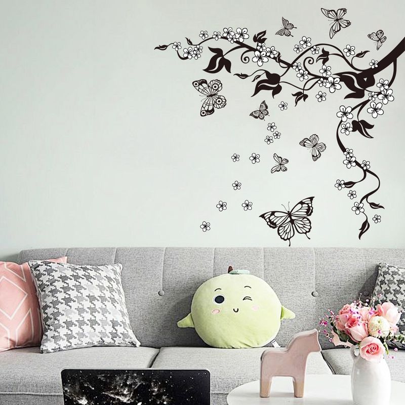 Handgezeichnete Schmetterlingszweige, Blumen, PVC N1811, selbstklebende dekorative Aufkleber für die Wohnzimmer-Hintergrundwand_voghion.com