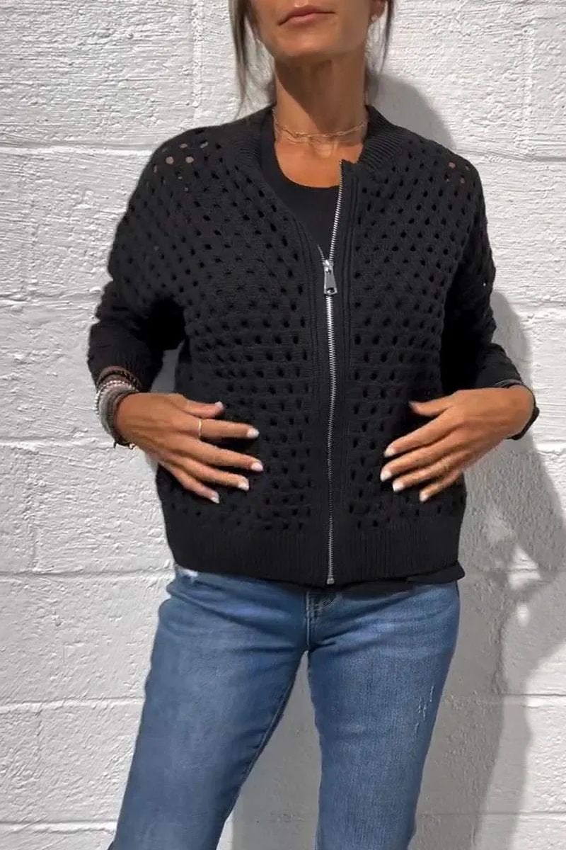 Women's Casual Knit Zip-Up Jacket With Lace Detailing - Breathable Cotton Blend, Versatile Open Front Cardigan For Everyday Wear_voghion.com