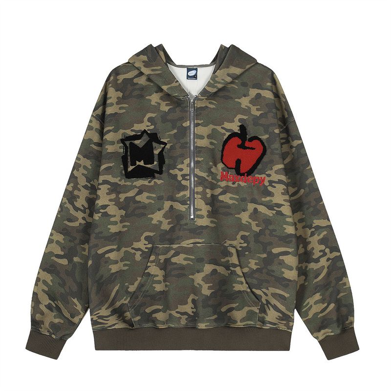 Felpa con cappuccio mimetica in stile americano, primavera autunno, cardigan con mezza cerniera e ricamo floccato da uomo alla moda_voghion.com