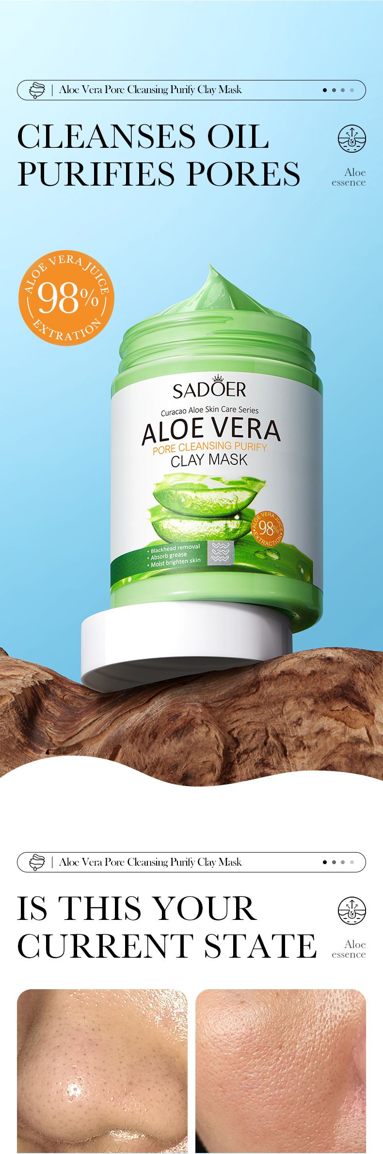 Maschera di fango in gel per la pulizia dei pori per pelli delicate SADOER Full English Aloe Vera 100 g_voghion.com