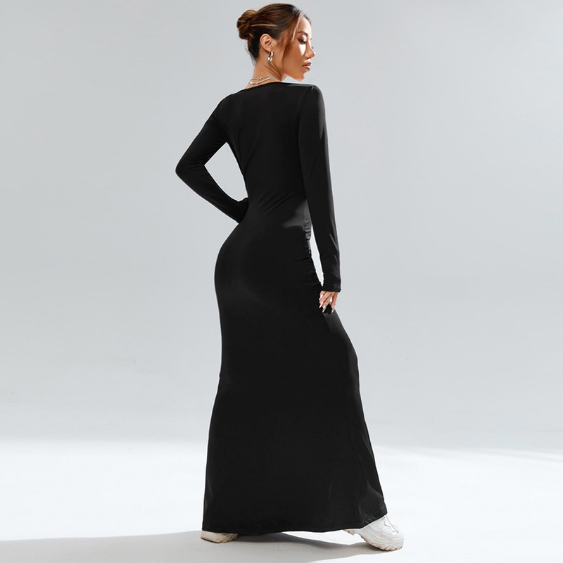 Abito da festa sexy da donna con scollo quadrato lavorato a maglia nero a maniche lunghe avvolgente sui fianchi_voghion.com