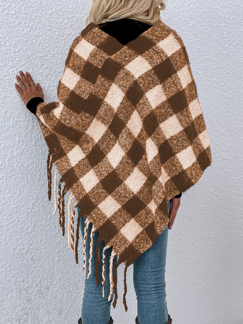 Maglieria da donna maglione a secchiello in pongee con scialle con frange a quadri mille uccelli_voghion.com