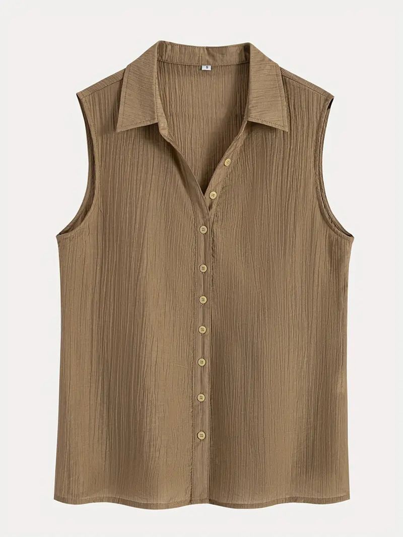 Camicia monopetto con risvolto in tinta unita da donna, in cotone e lino, senza maniche, ampia_voghion.com