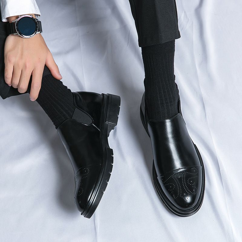 Four Seasons Youth Low-top Leather Large Size Brogue Height-increasing Men's Slip-on Business Formal Shoes_voghion.com