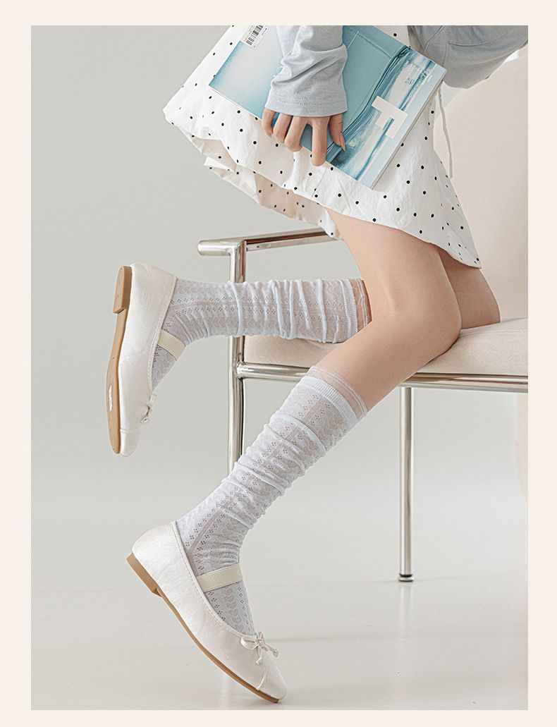 Women's Solid Color Calf Socks, Summer Thin Hollow Mesh Long Sweet Lace Ballet Style Socks, Seamless Socks_voghion.com