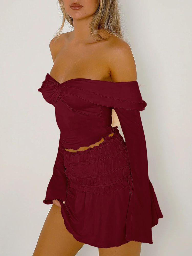 Top in maglia a maniche lunghe con una spalla per donna, in misto viscosa morbida ed elasticizzata, elegante camicetta con spalle scoperte e maniche arricciate, abbigliamento casual da ufficio S/M/_voghion.com