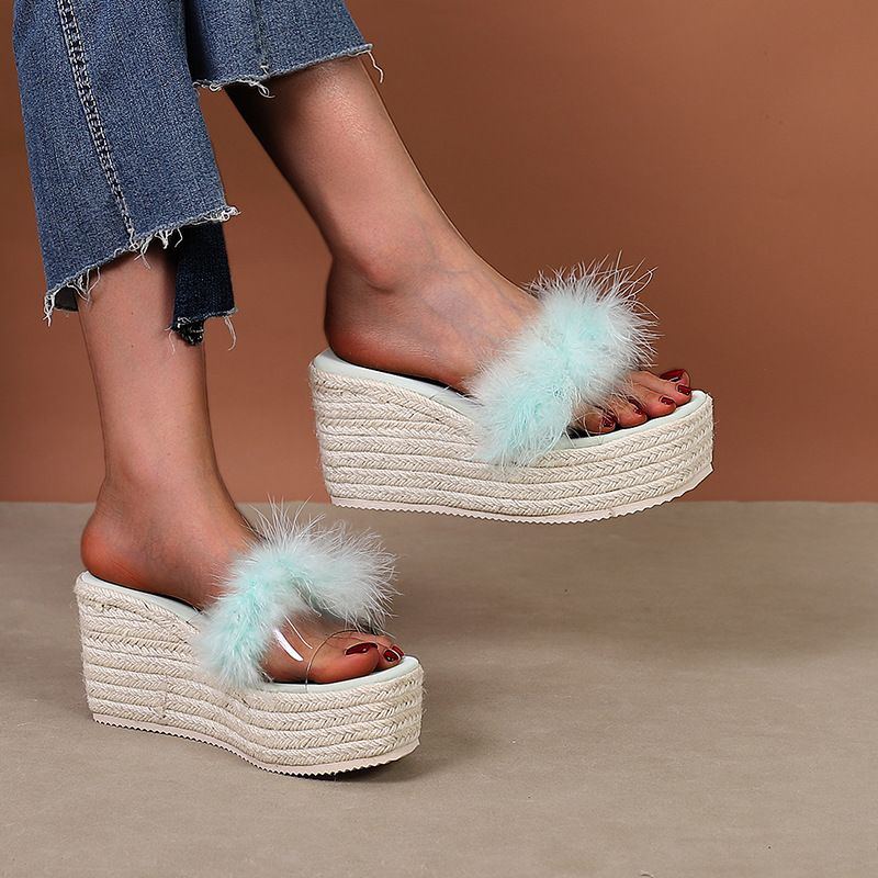 Women's summer platform high heels flip-flops open toe sandals women's woolly slippers straw woven hemp rope sole_voghion.com