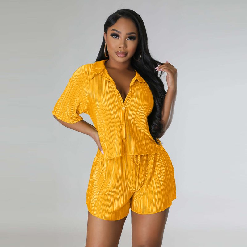 Vêtements d'été pour femmes, nouvelle combinaison décontractée deux pièces froissée de couleur unie_voghion.com