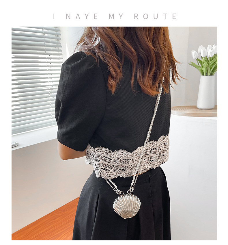 Borsa piccola conchiglia per donna 2024 Nuova moda con catena di perle portatile con una spalla in edizione coreana Accessori Borsa a tracolla con una spalla in metallo_voghion.com