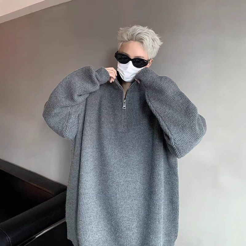 American Style Half-Zip Knit For Men, Autumn Chic High-End Stand Collar Loose Trendy Pullover Sweater_voghion.com