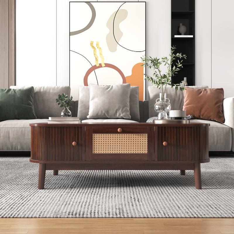 Table basse en rotin avec tiroirs et portes coulissantes, pieds en bois massif, table d'appoint de salon en osier naturel, style rustique_voghion.com