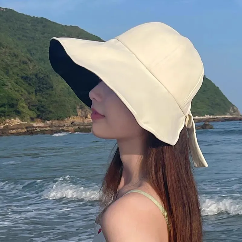 Cappello estivo da donna alla moda per il sole, tesa larga, protezione UV per il collo, cappelli da spiaggia, fiocco, cappelli da pescatore, pieghevoli, coda di cavallo, viaggio, Panama_voghion.com
