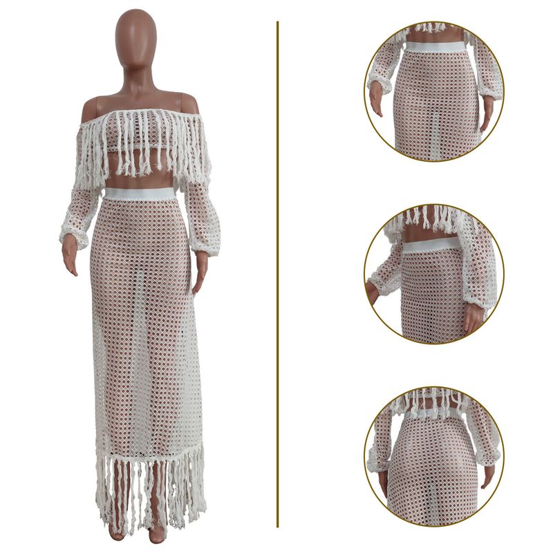 Conjunto de duas peças de saia de praia com borla de malha casual feminina_voghion.com
