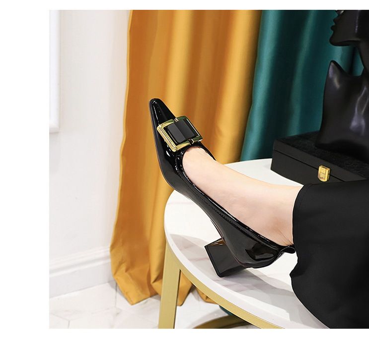 Women's shoes with thick patent leather shallow mouth small square head metal buckle decorative spring and autumn single shoes_voghion.com