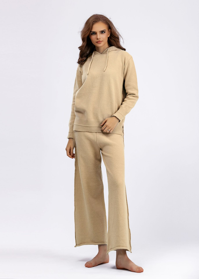 Women's Lazy Style Hooded Sweatshirt Knit Set Fashion Casual Sweater Long Pants Two Piece Set_voghion.com