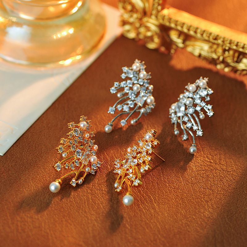 Women Earrings Enamel Earrings Liu Yifei Rose Same S Silver Needle Zircon Pearl Earrings Heavy Craft Bright Star Cloud Ear Clip Style_voghion.com