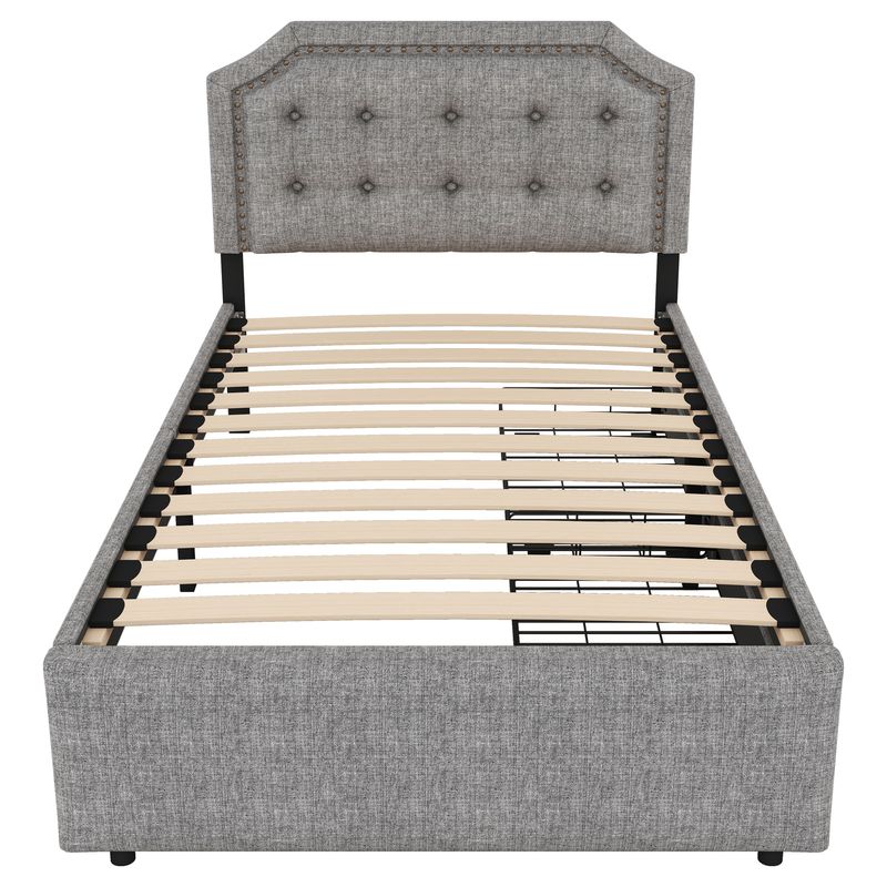 Flachbett 90x200cm, Gepolstert, Dekorative Nieten, Schubladen, Grau_voghion.com