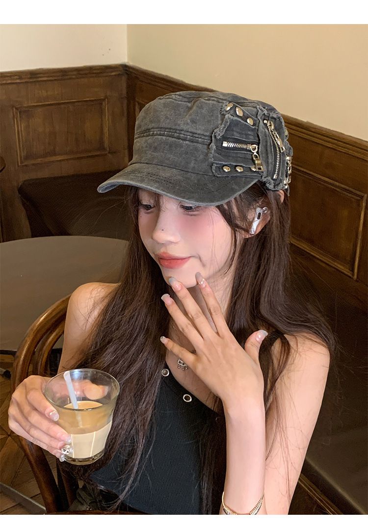 studded Zipper Flats,Designed For Women,Niche Heavy Craftsmanship,Y2K Trendy Cool Baseball Cap_voghion.com