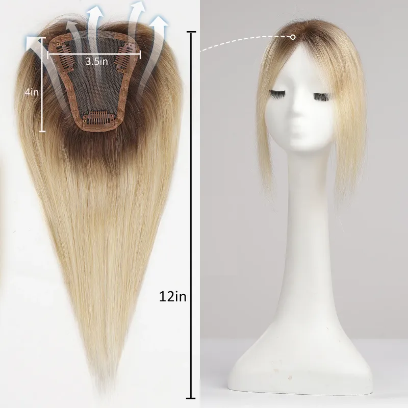 Topper per capelli umani Remy al 100% per donne, con riga centrale, pezzi di capelli umani biondi ombré con capelli diradati_voghion.com