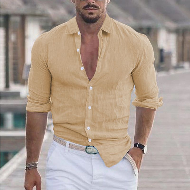 Camicia da spiaggia estiva da uomo in cotone e lino con risvolto, a maniche lunghe, tinta unita, per le vacanze hawaiane_voghion.com