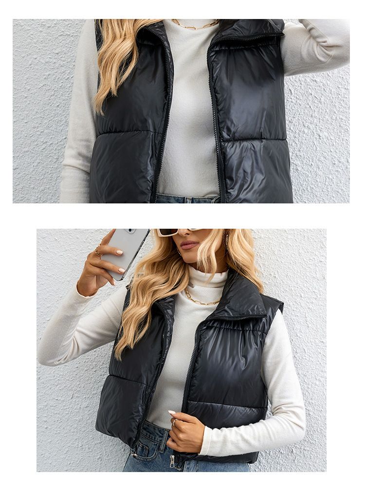 Damenmode kurze einfarbige warme Jacke Baumwollweste schlanke High Neck lose Baumwolljacke Weste_voghion.com