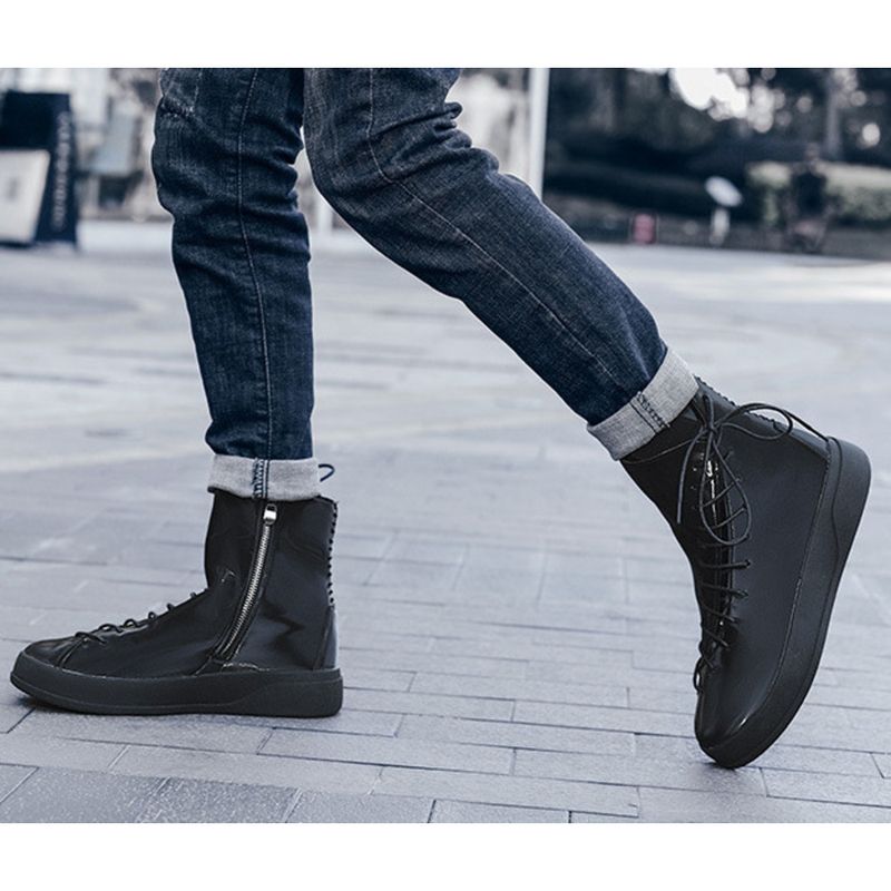 Autumn/winter New Men's Board Shoes 2024 European Station Large Martin Boots Strap Bright High Top Leather Boots Thick Bottom Motorcycle Boots_voghion.com