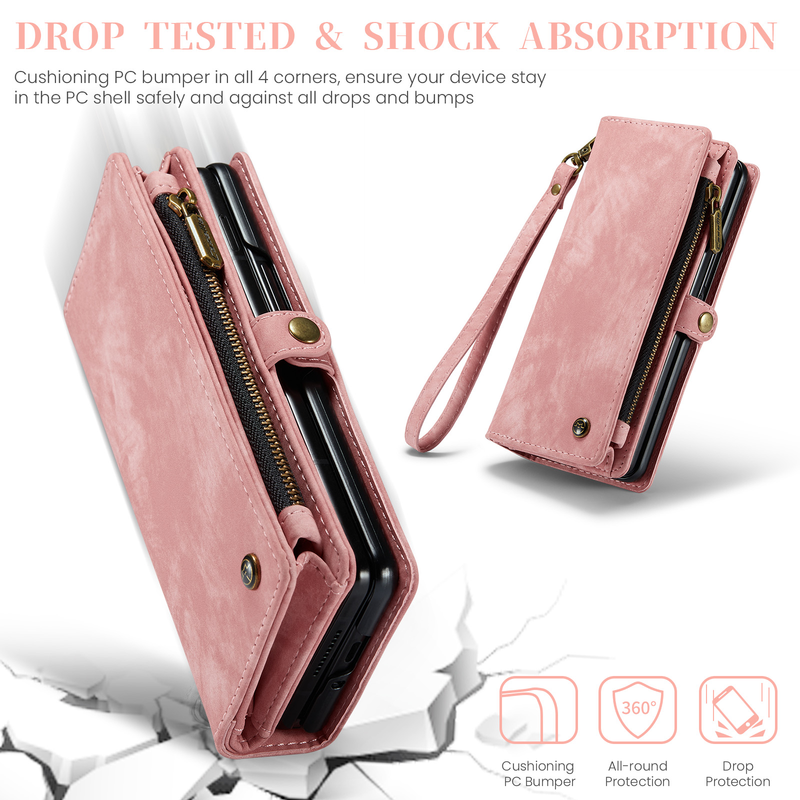 Zipper Pocket Wallet Case for Samsung Galaxy Z Fold 5 with S Pen Holder Vintage Vegan Leather Wrist Strap Magnetic Stand Cover_voghion.com