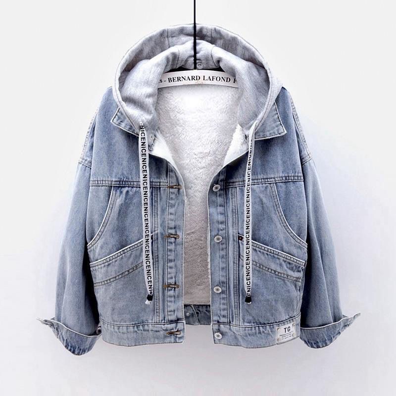 Női ruházat Denim plus bársony dzseki kapucnis meleg báránybőr pamut dzseki vastag rövid pamut kabát_voghion.com