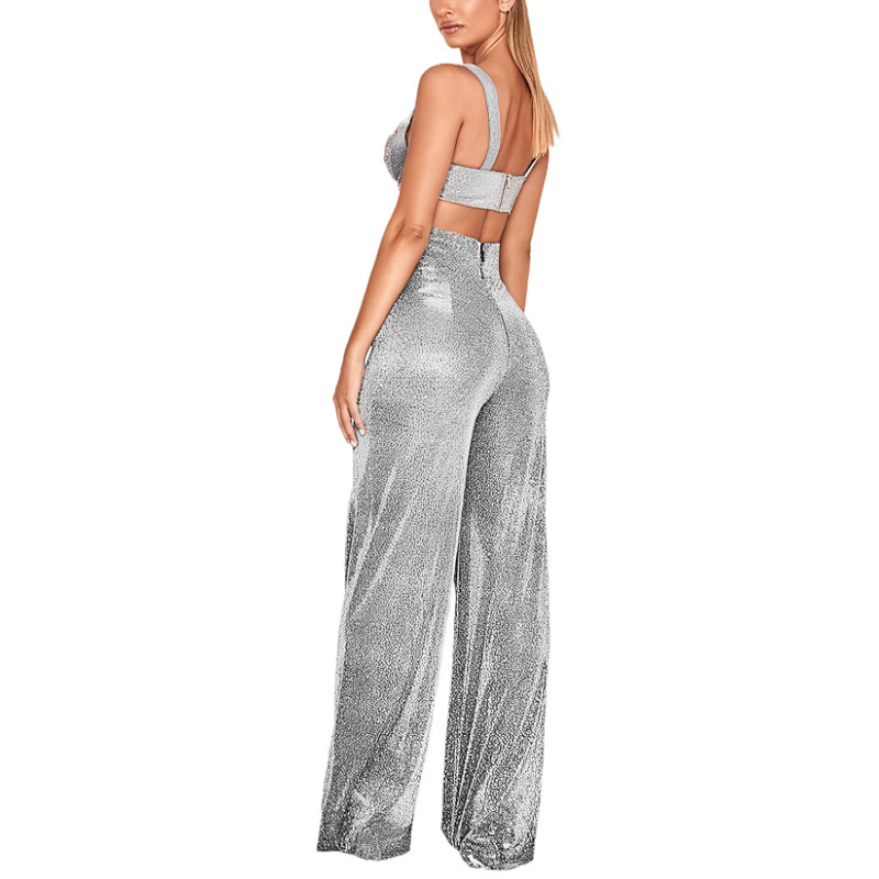 Pantalons larges argentés pour femmes, pantalons taille haute à jambes larges, pantalons décontractés pour femmes_voghion.com