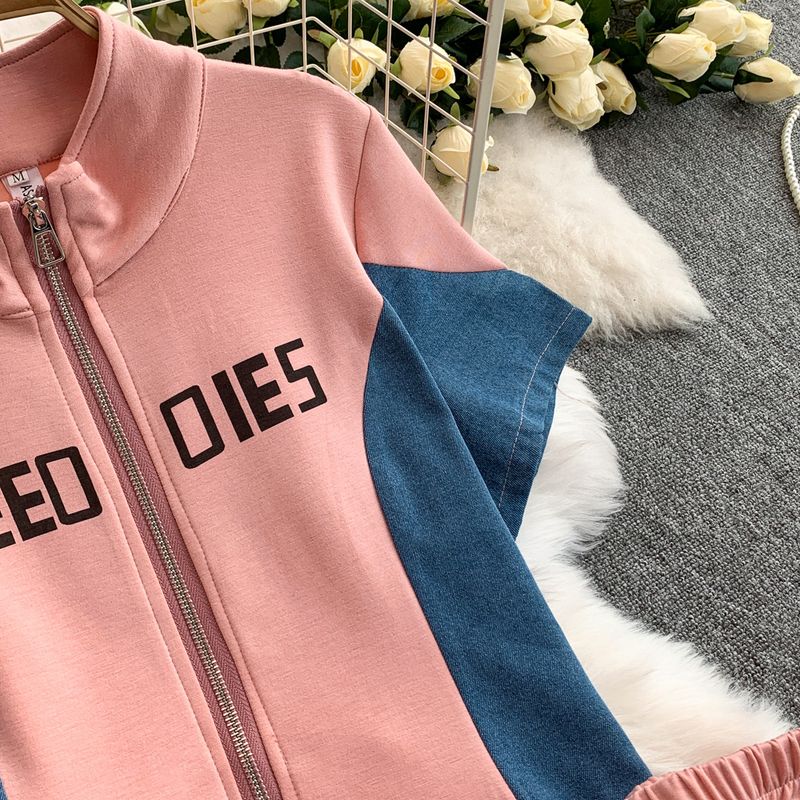 Kadın Giyim Moda İki Parçalı Takım Kadınlar İçin Yaz Aylarında Yeni Tasarım Çift Fermuarlı Dik Yaka Dikişli Kot Üst + Yüksek Bel Göğüs_voghion.com