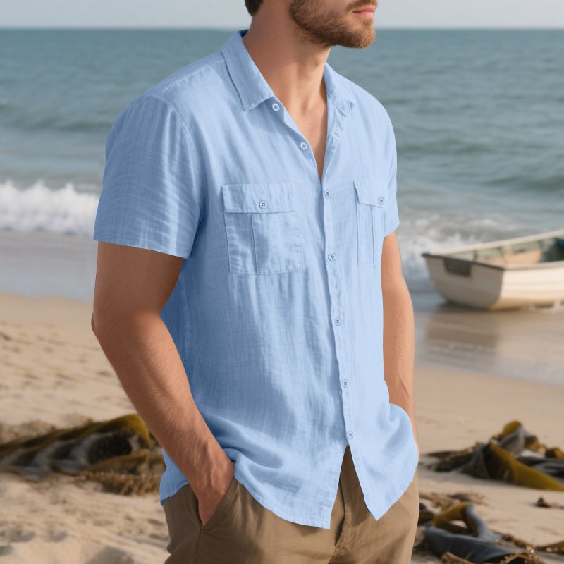 Herren Sommerhemd, amerikanisch, locker, Strand, atmungsaktiv, lässig, Leinen, mehrere Taschen, geknöpft, Arbeitskleidung, kurzärmelig_voghion.com