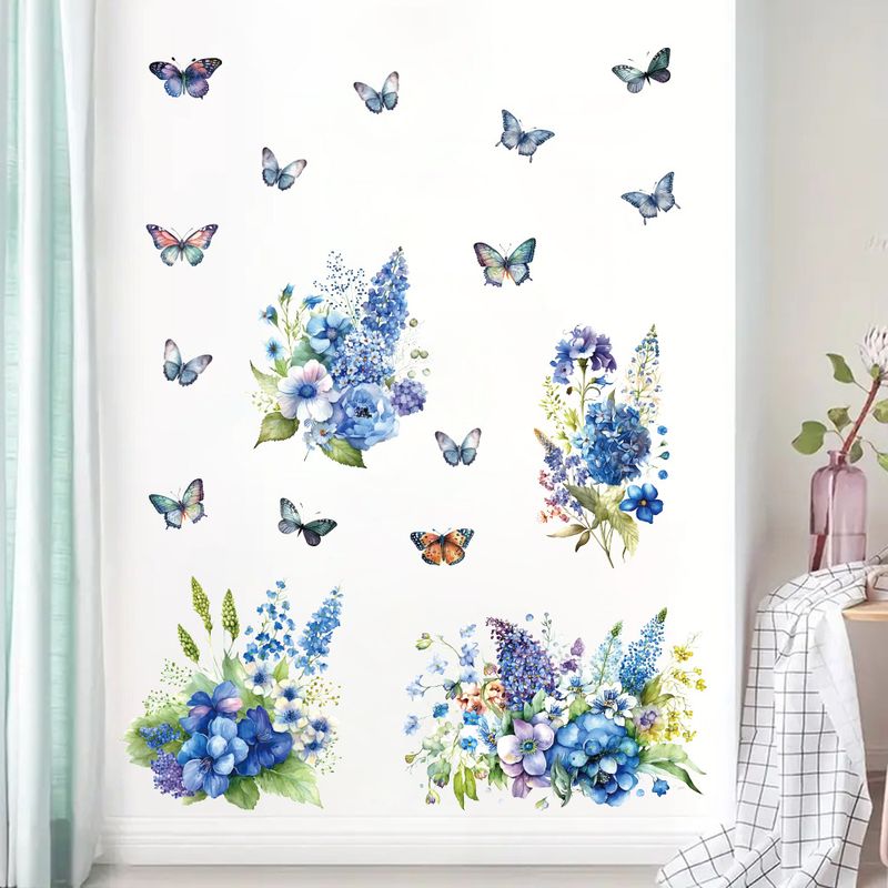 Blauer Blumenstrauß Schmetterling PVC selbstklebendes Papier CH81526 personalisierte Wohnzimmer Bett Wandaufkleber_voghion.com