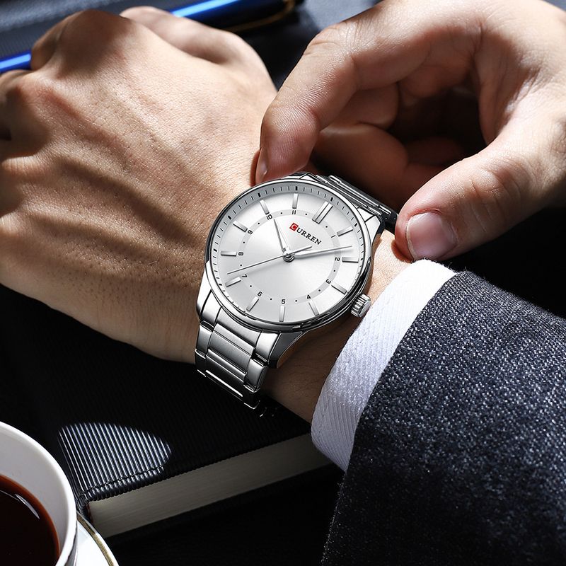 Men's Minimalist Stainless Steel Quartz Watch - Waterproof Round Dial Business Wristwatch With Alloy Strap Large Dial Watch_voghion.com