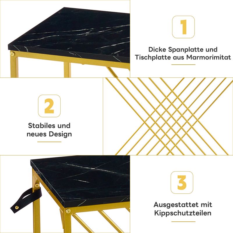 Console noire avec pieds dorés, 100 x 35 x 77 cm, table d'entrée en MDF brillant, table de couloir, buffet, table d'appoint, style vintage_voghion.com