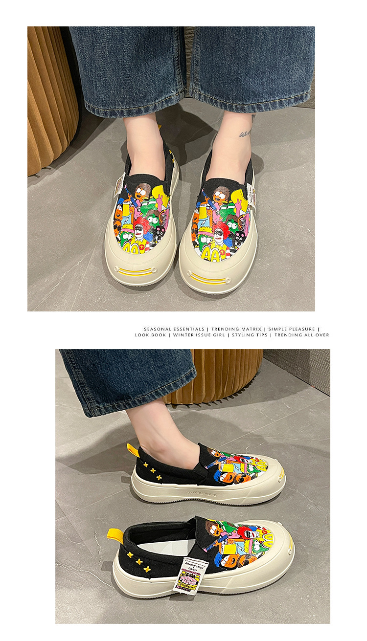 Commercio estero di grandi dimensioni tela graffiti bocca superficiale scarpe singole da donna 2023 primavera nuovo slip-on con fondo muffin a punta tonda_voghion.com