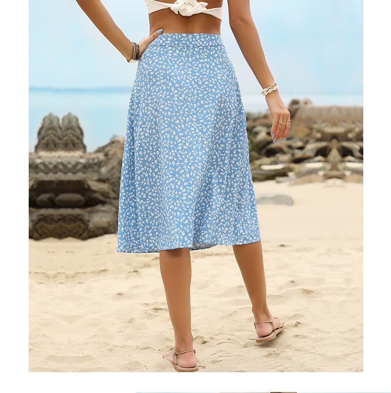 Jupe une pièce florale bleue à taille haute et fendue_voghion.com