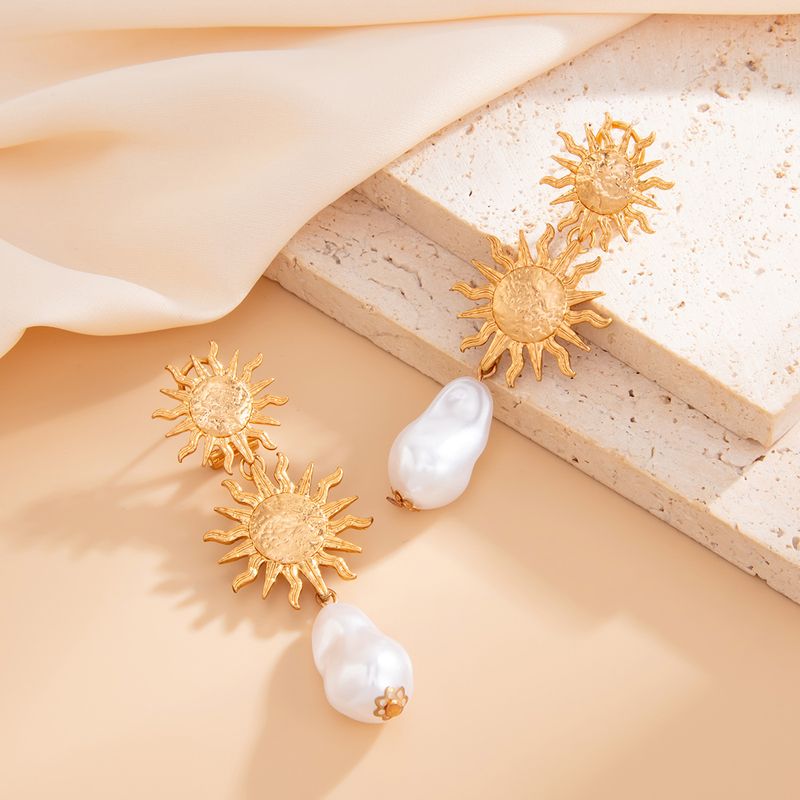 Orecchini pendenti con perle e girasole plissettati, linea di moda Ins, clip per orecchini a clip_voghion.com