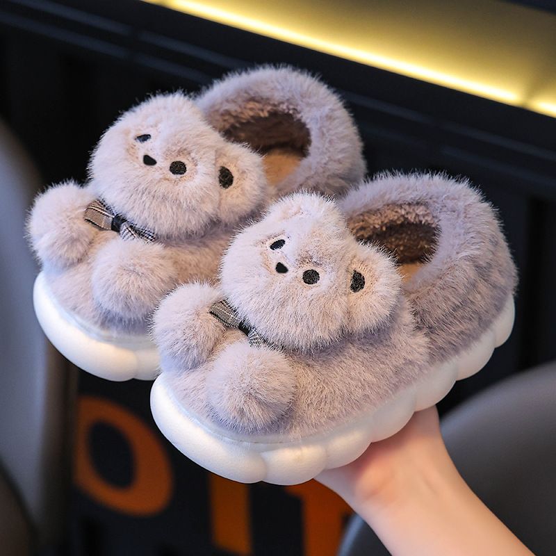 Pantofole invernali in cotone per bambini da donna, con velluto spesso e suola calda e morbida, pelliccia antiscivolo con orsetto dei cartoni animati_voghion.com