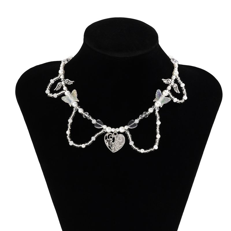 Collana da donna Collana dorata Collana con ciondolo Collana in oro Dolce Fresco Semplice Cuore Perline Versatile Catena per clavicola Elegante Farfalla Perla Collo_voghion.com