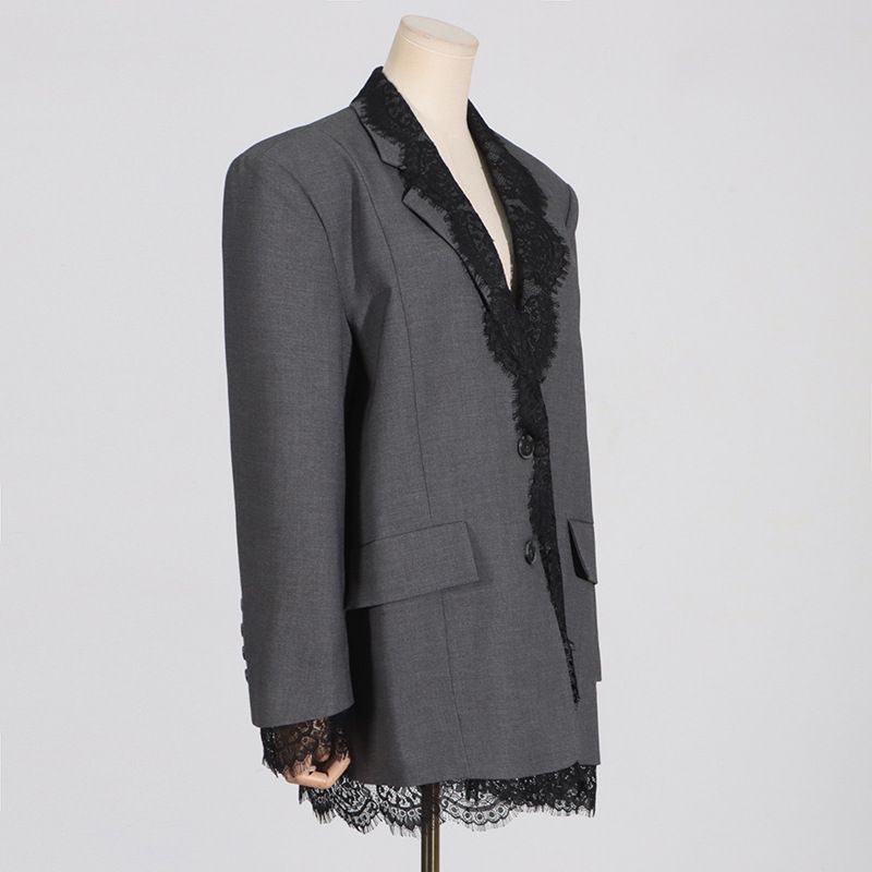 Blazer con bordi in pizzo – Elegante giacca oversize con scollo a V, adatta sia per lavoro che per matrimonio (grigio, S/M/L/XL)_voghion.com