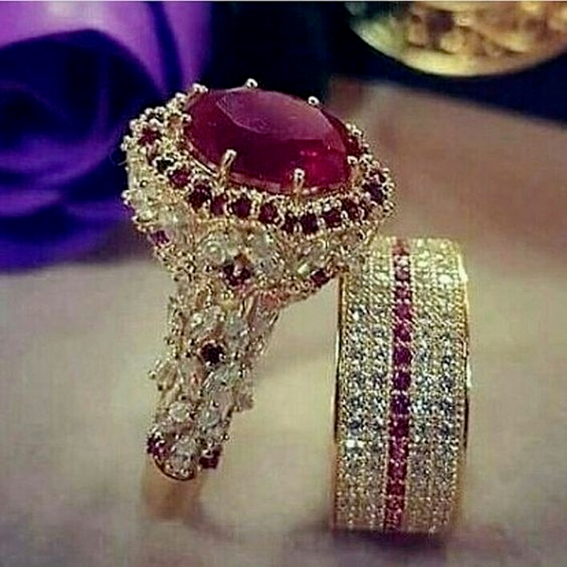 Eleganter goldfarbener Hip-Hop-Ring für Damen, modischer eingelegter Zirkon, rote Steine, Trauring-Set, Party, Braut, Verlobung_voghion.com