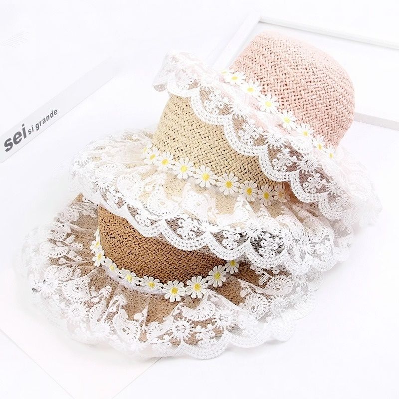Chapeau de paille de plage pour enfants, mode, été, princesse, dentelle, protection solaire_voghion.com