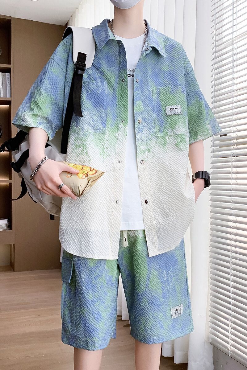 Men's Clothing Gradient Color Short Sleeved Shirt Men's Summer Half Sleeved Suit Casual Versatile Hong Kong Style Jacket Printed Handsome Shirt_voghion.com