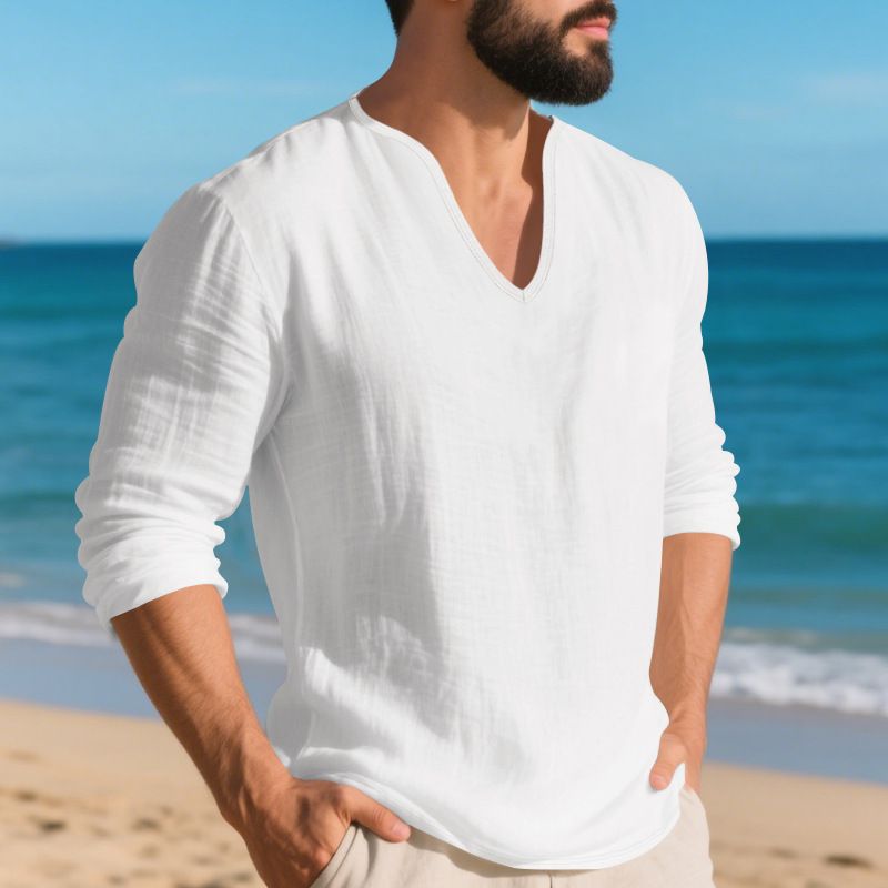 Grenzüberschreitendes Herbstneuprodukt Amerikanisches lockeres, einfarbiges Leinen-Lässiges Herren-T-Shirt mit V-Ausschnitt und großem Langarm_voghion.com