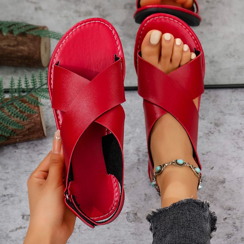 Large 2025 Summer New Cross Style Round Head Velcro Flat Sandals_voghion.com